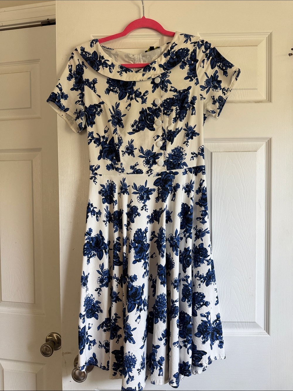 White and Blue Floral Fit-and-Flare Dress